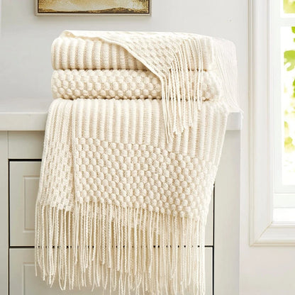 White Boho Throw Blankets Textured Big Knitted Blankets Chunky Vintage Luxury Throw Bedspread Blanket Cover Manta Para Sofá