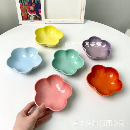 Rainbow Plum Blossom Bowl Ceramic Dish Household Snack Dish Solid Color Japanese Style Household Rice Bowl Pet Bowl Sauce Dish