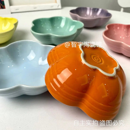 Rainbow Plum Blossom Bowl Ceramic Dish Household Snack Dish Solid Color Japanese Style Household Rice Bowl Pet Bowl Sauce Dish