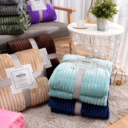 Striped Flannel Blankets For Beds Solid Pink Blue Color Soft Warm Mink Throw Sofa Cover Bedspread Beach Airplane Travel Blankets