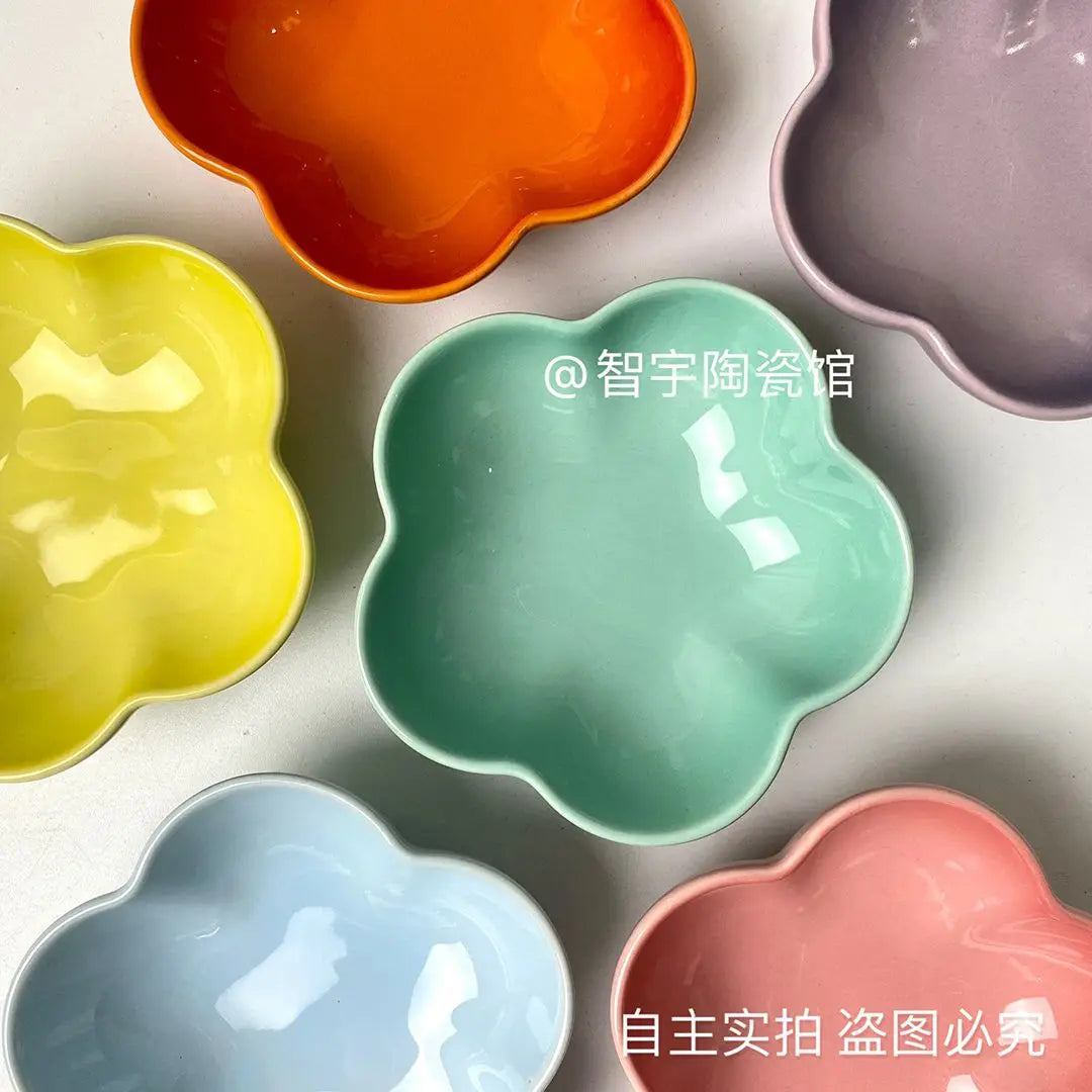 Rainbow Plum Blossom Bowl Ceramic Dish Household Snack Dish Solid Color Japanese Style Household Rice Bowl Pet Bowl Sauce Dish