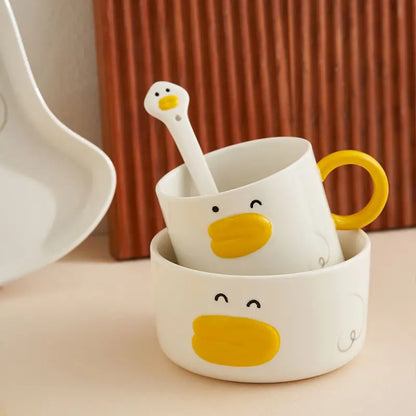 Cartoon Little Yellow Duck Bowl Children's Home Ceramic Rice Bowl Cute Cutlery Set One Person Small Bowl Instagram Style