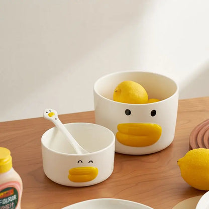 Cartoon Little Yellow Duck Bowl Children's Home Ceramic Rice Bowl Cute Cutlery Set One Person Small Bowl Instagram Style