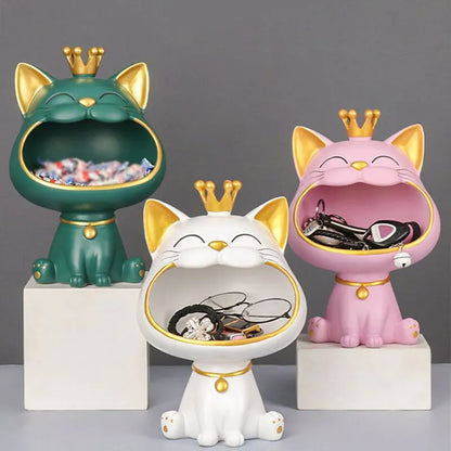 Fortune Crown Big Mouth Cat Entrance Key Storage Tray Decorative Ornament, Light Luxury Housewarming Gift Sculpture