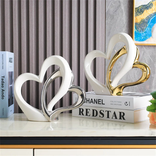 Modern Art Heart Shaped Statue Nordic Minimalist Living Room DIY Decoration Electroplated Ceramic Ornament Table Love Sculpture