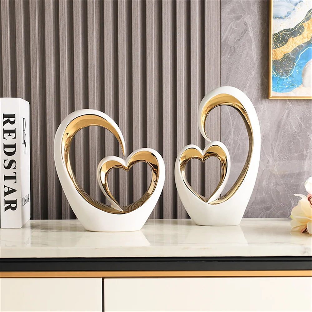 Modern Art Heart Shaped Statue Nordic Minimalist Living Room DIY Decoration Electroplated Ceramic Ornament Table Love Sculpture