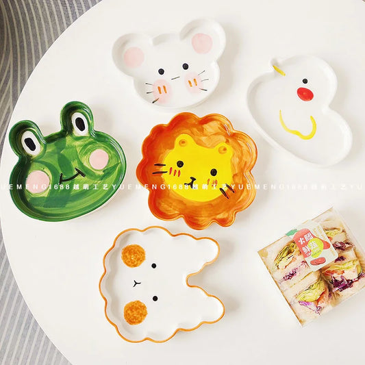 Hand-painted Graffiti Creative Cute Animal Shape Japanese Ins Lion Frog Irregular Plate Ceramic Home Children's Dining Plate