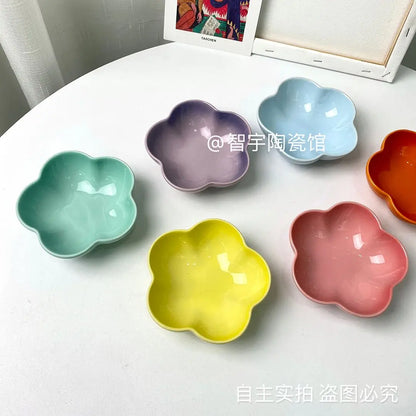 Rainbow Plum Blossom Bowl Ceramic Dish Household Snack Dish Solid Color Japanese Style Household Rice Bowl Pet Bowl Sauce Dish