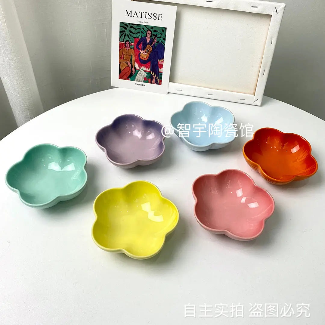 Rainbow Plum Blossom Bowl Ceramic Dish Household Snack Dish Solid Color Japanese Style Household Rice Bowl Pet Bowl Sauce Dish