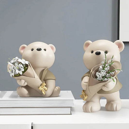 Nordic Bear Doll Resin Statue Bouquet Flower Arrangement Living Room Porch Decoration Ornaments Desk Vases Figurines Home Decor