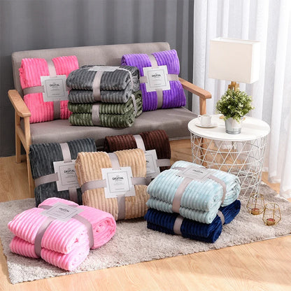 Striped Flannel Blankets For Beds Solid Pink Blue Color Soft Warm Mink Throw Sofa Cover Bedspread Beach Airplane Travel Blankets