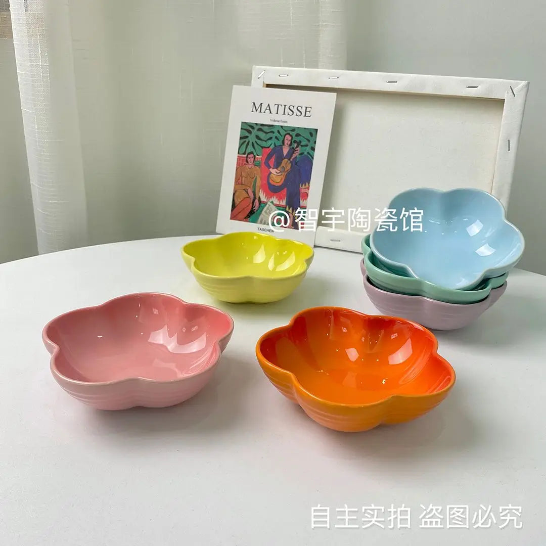 Rainbow Plum Blossom Bowl Ceramic Dish Household Snack Dish Solid Color Japanese Style Household Rice Bowl Pet Bowl Sauce Dish