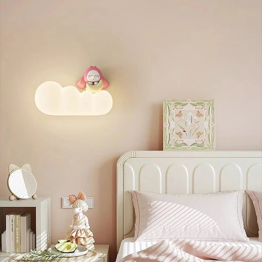 Pink Rabbit Lamp On White Clouds Cute Girl Bedroom Bedside Wall Lamps Modern Cartoon Children's Room Princess Room Wall Lights